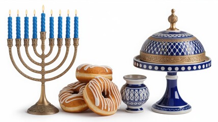 A traditional hanukkah celebration scene features an ornate gold menorah with eight lit blue twisted candles standing tall next to a small stack of delicious fresh sufganiyot pastries generously drizz