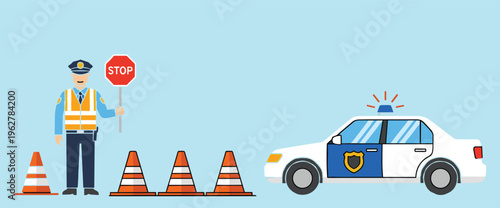 Police officer at roadblock with traffic cones and police car.