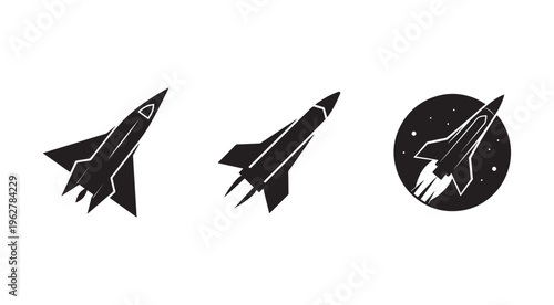 Three black and white rocket ship icons in different positions and designs  side and front views with one in space  isolated on white background