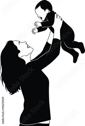 Silhouette mother holding baby up high in arms with joy and laughter.