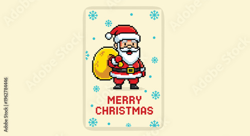 Pixel art illustration of Santa Claus dressed in his traditional red suit holding a large yellow gift bag on a decorative card.