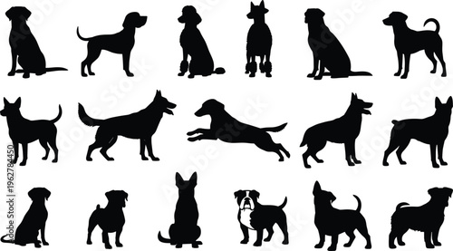 Collection of dog silhouettes in various poses and breeds.