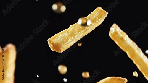 Golden french fries and salt crystals dynamically frozen in mid-air against a black background