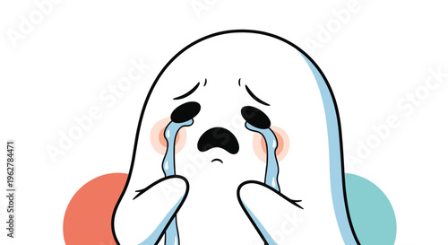 Cute cartoon illustration of a sad white ghost character with large black eyes and tears streaming down its cheeks.