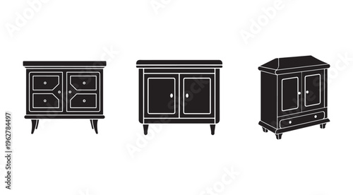 Three black and white silhouettes of different cupboards with doors and drawers  furniture design elements  home decor illustrations