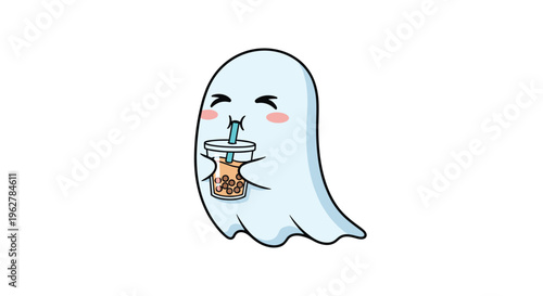 Adorable cartoon illustration of a small white ghost character happily drinking a cup of bubble tea with boba pearls.