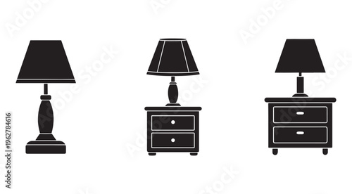 Three black and white silhouettes of lamps on nightstands and a freestanding lamp on a white background  home decor and furniture icons