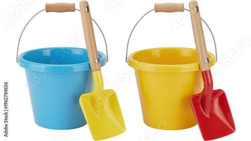 Two colorful plastic sand buckets each featuring a sturdy metal handle with a comfortable wooden grip paired with a vibrant shovel for digging in the sand at the beach or playing in the garden during 