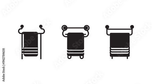 Three black and white towel rack icons with towels on them in different positions  simple line style  for web or mobile app design