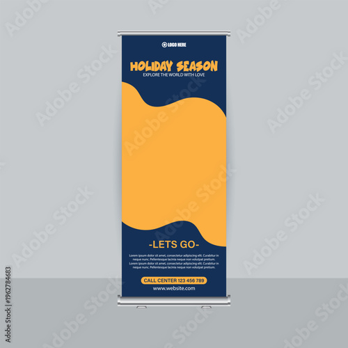 Holiday Season Travel Agency Roll Up Banner with Yellow Wavy Shape