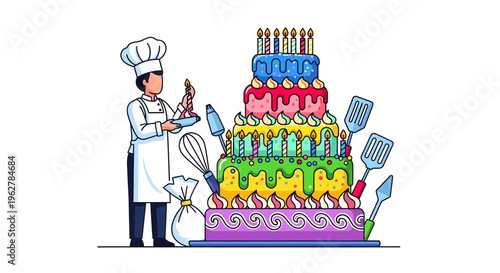 Baker Decorating a Multi-Tiered Celebration Cake with Candles.