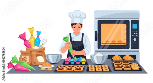 Baker decorating cupcakes with frosting bag.