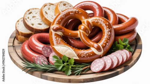 A traditional german culinary spread displayed on a rustic round wooden serving board featuring a large golden brown soft pretzel sprinkled with coarse salt resting alongside several smooth glossy rin