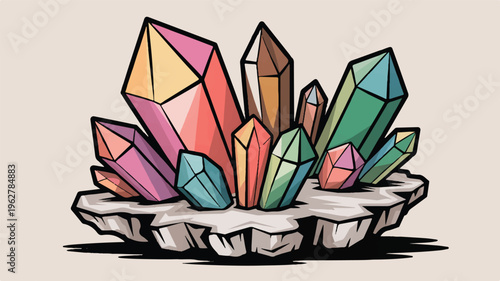 Colorful Crystal Cluster: A vibrant illustration showcasing a collection of radiant, multicolored crystals emerging from a stony base.
