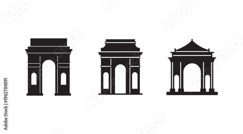 Three black arch gate silhouettes with columns and arches on white background  architectural elements  monument styles