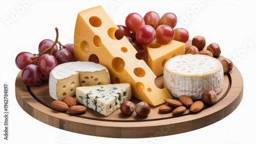 A rustic wooden serving platter presenting an elegant assortment of artisanal dairy delights featuring a large wedge of holey swiss cheese alongside a creamy wheel of soft brie and a pungent slice of 