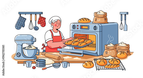 Baker taking fresh bread from oven.