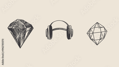 Trio of sketches A diamond, headphones, and a geometric crystalline structure