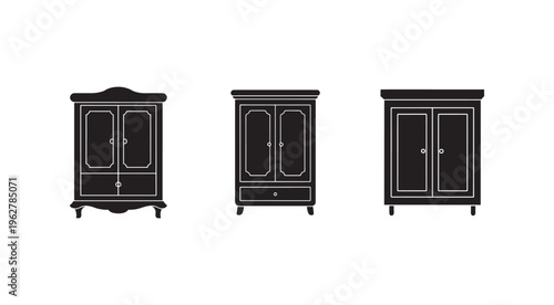 Three black armoire silhouettes with white outlines on white background  furniture icons  home decor elements  wardrobe designs