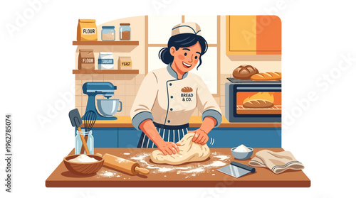 Baker woman kneading dough in a kitchen.