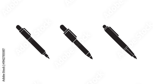 Three black ballpoint pens in different angles on white background  office supplies  writing instruments