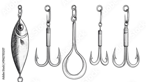 Monochrome sketch of various fishing lures and hooks in a detailed line art style