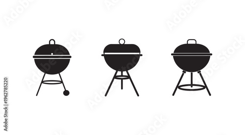 Three black barbecue grill icons in different positions for cooking and outdoor activities  grilling and roasting food