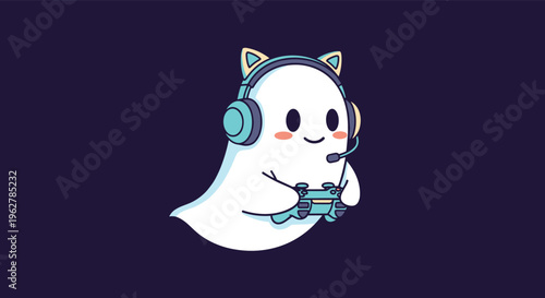 Cool cartoon illustration of a little white ghost character wearing cat ear headphones and holding a blue video game controller.