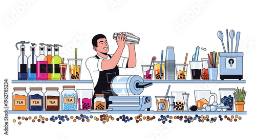 Barista making bubble tea with shaker and ingredients.