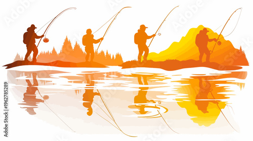Silhouettes of fishermen stand by the waters edge in orange sunset scene, reflected below
