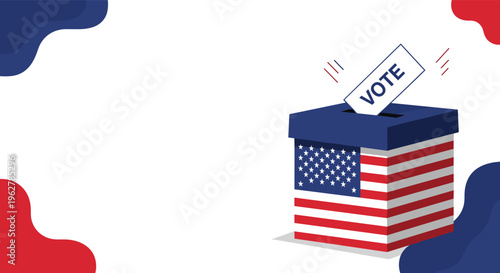 Patriotic American voting concept features a ballot box decorated with the United States flag and a vote card being cast.