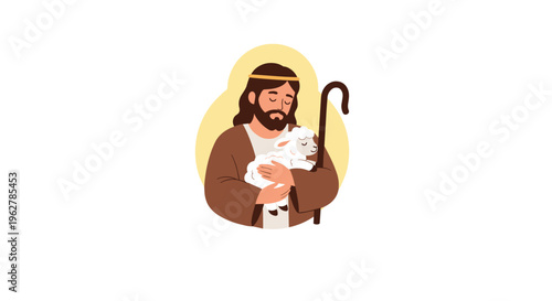 Compassionate illustration of Jesus Christ as the Good Shepherd tenderly holding a small white lamb against a soft yellow halo.