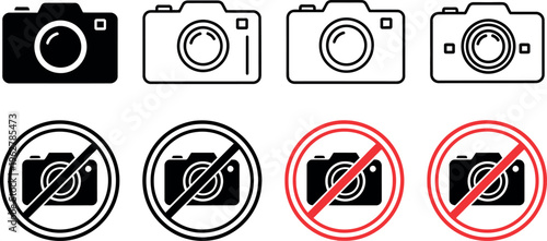 Camera icons and no photography symbols in various styles and colors