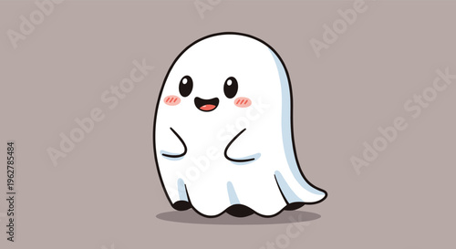 Adorable little white ghost with pink cheeks and a happy expression floats against a solid grey background for Halloween.