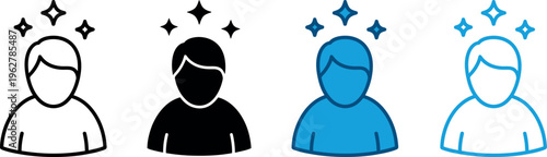 Four stylized human figures with sparkling headpieces in different colors and line art styles