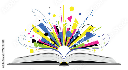 Vibrant illustration of an open book with colorful shapes and lines exploding from its pages on World Book Day