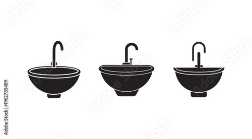 Three black bathroom sinks with faucets  modern design elements  isolated on white background