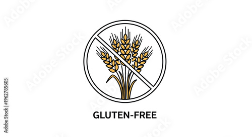 Circular gluten-free icon features a crossed out bundle of wheat stalks to indicate food products safe for specific dietary needs.