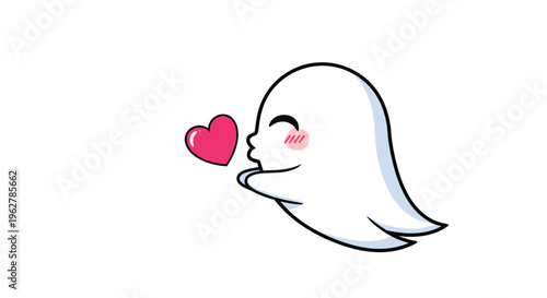 Friendly little ghost character blows a pink heart kiss to show love and affection in a cute cartoon style for special occasions.