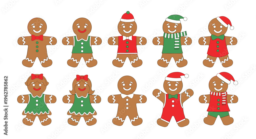 Fototapeta premium Large collection of gingerbread man and woman cookies features various festive outfits and accessories for Christmas.