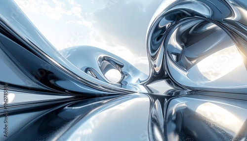 An abstract modern design featuring a mirrored surface and organic shapes, reflecting a cloudy sky and the sun