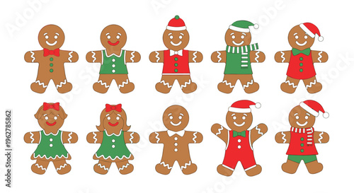 Large collection of gingerbread man and woman cookies features various festive outfits and accessories for Christmas.
