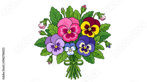 Vibrant Pansy Flower Bouquet Illustration for Spring Greetings, Summer Celebrations, and Web Design. Cheerful Floral Graphic.