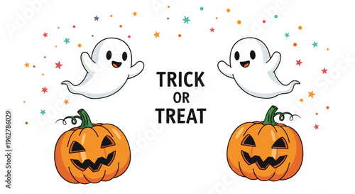 Halloween trick or treat greeting card featuring cute white ghosts and orange carved pumpkins on white background.