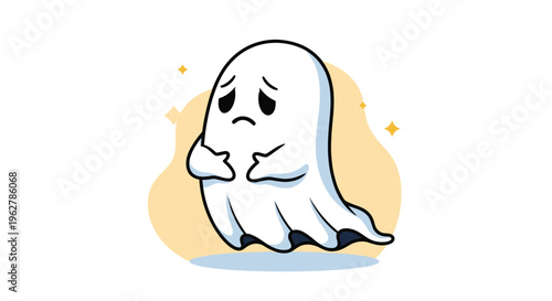 Cute sad ghost character feeling lonely and unhappy isolated on a white background with soft shadows and glowing stars.
