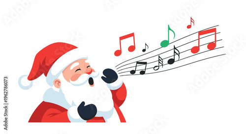Cheerful Santa Claus singing Christmas carols with colorful music notes flowing from his mouth on white background.