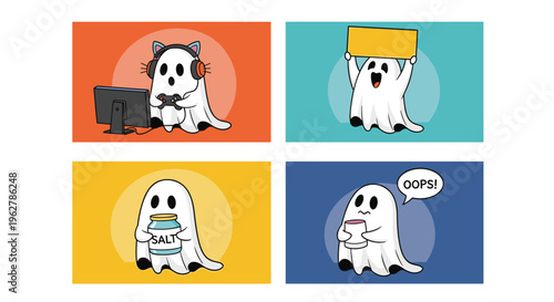 Set of four cartoon illustrations featuring a cute ghost gaming, holding a sign, with salt, and spilling a drink.
