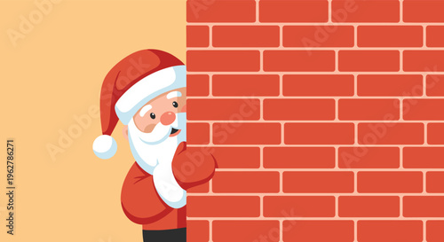 Playful Santa Claus character peeking from behind a red brick wall with copy space for text on the right side.