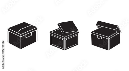 Three black cardboard boxes in different states closed opened and ajar with white outlines on white background  boxes for storage or shipping