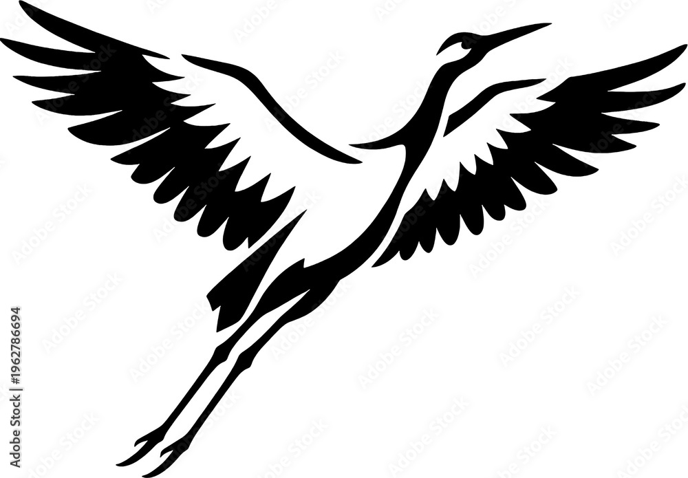 Fototapeta premium Elegant flying crane outline soars gracefully upward on deep black ground.